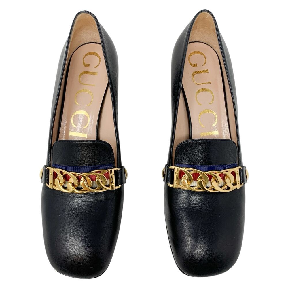 Gucci Sylvie Chain Black Leather Block Heel Pumps EU 37.5